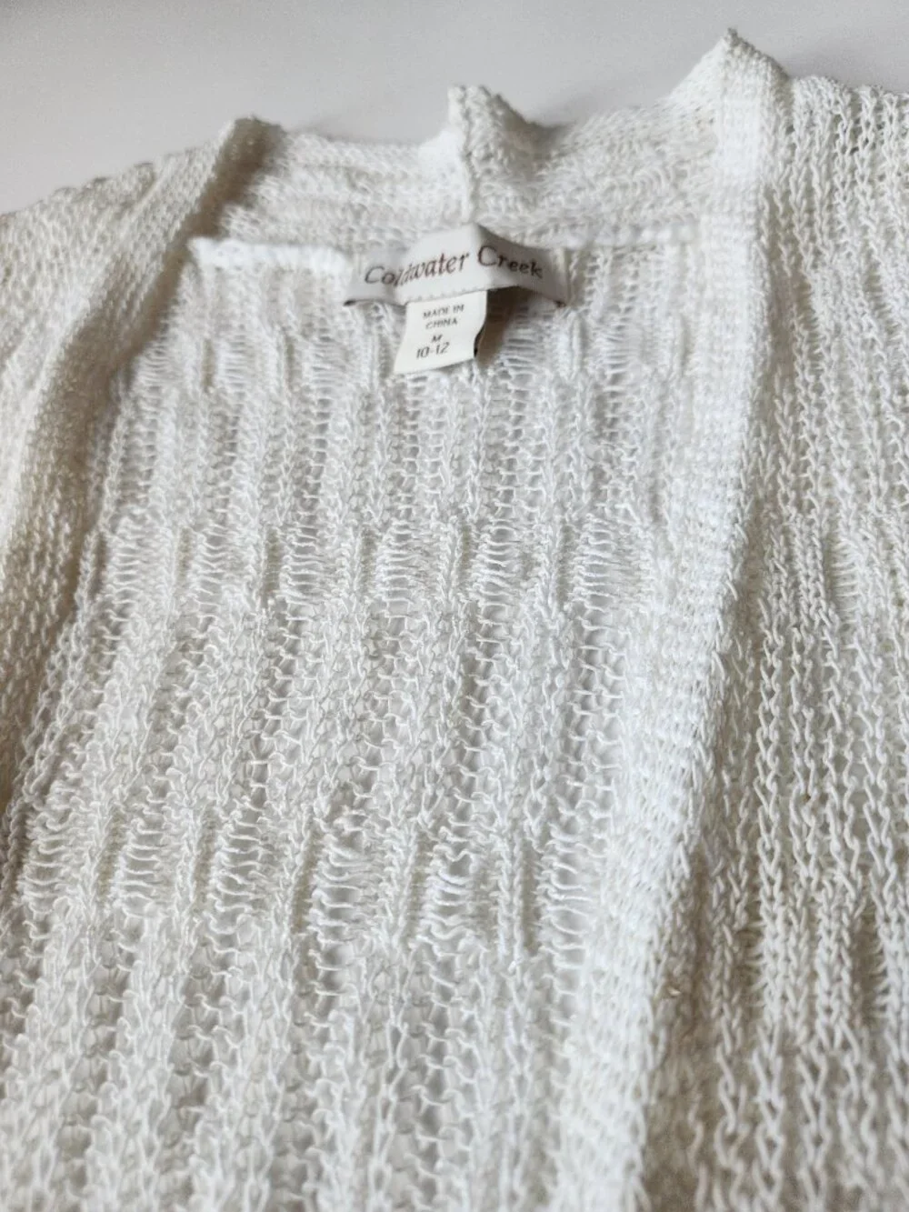 Boho Coastal White Open Knit Short Sleeve Minimalist Cardigan Summer Layering M - Picture 7 of 10